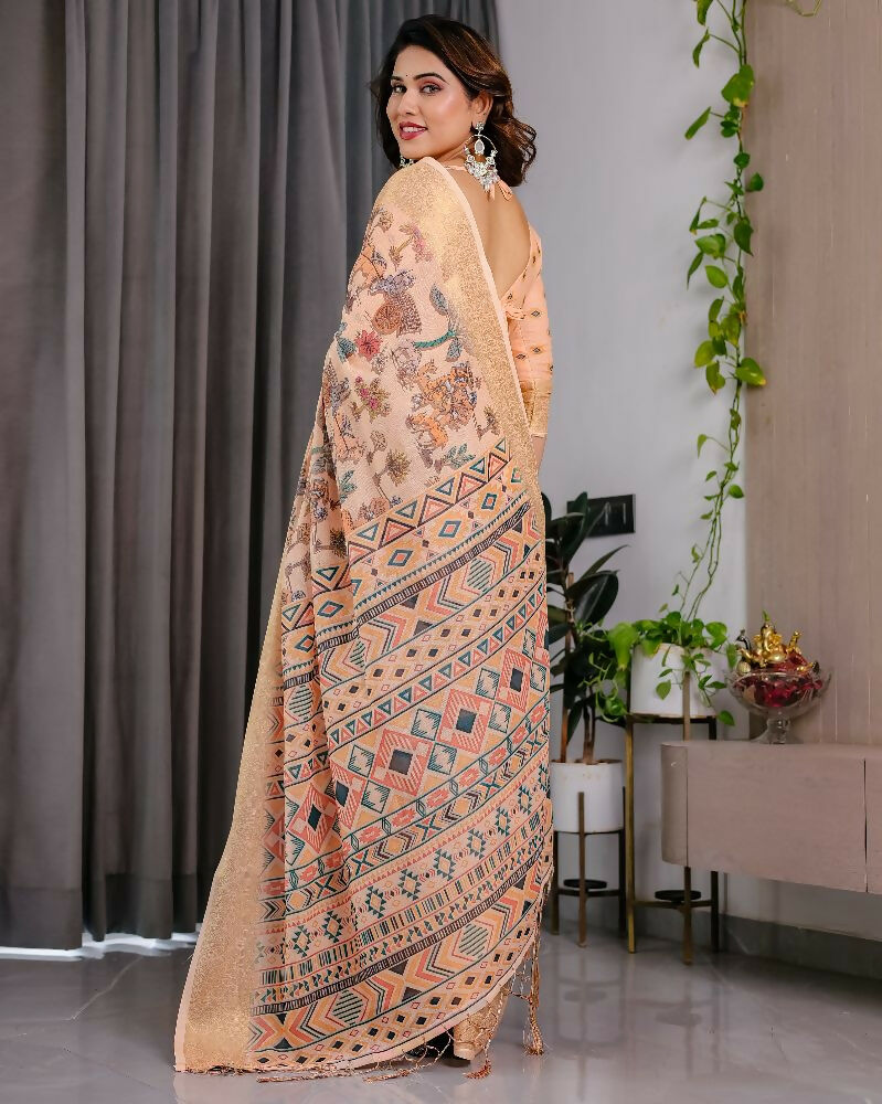 PR Fashion Cream Pure Handloom Linen Saree | Grocsy
