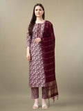 Jyoti Fashion Women's Maroon Rayon Embroidery & Sequence work Kurta with Trouser & Dupatta | Grocsy