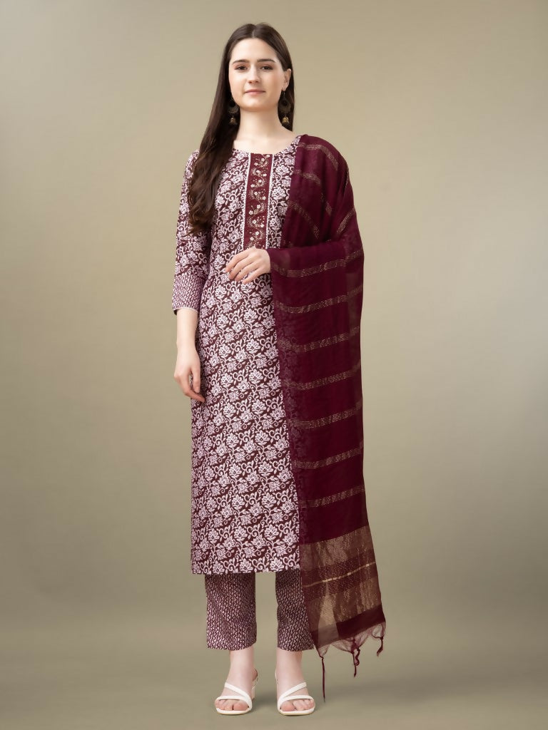 Jyoti Fashion Women's Maroon Rayon Embroidery & Sequence work Kurta with Trouser & Dupatta | Grocsy