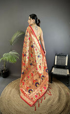 Joban Fashion Crimson Red Intricate Floral & Leaf Soft Silk Paithani Saree | Grocsy