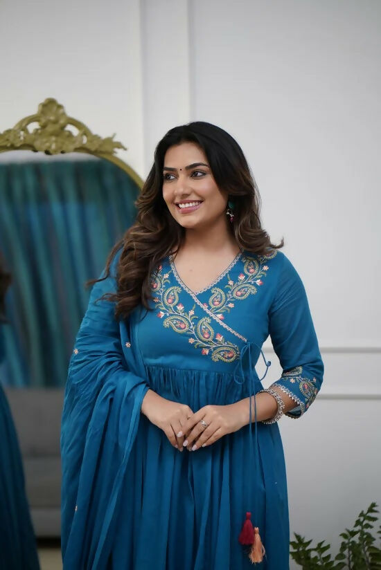 The52 Petrol Women's Beautiful Parampara Fabric Embroidered Work Flared Kurta Pant and Dupatta Set | Grocsy