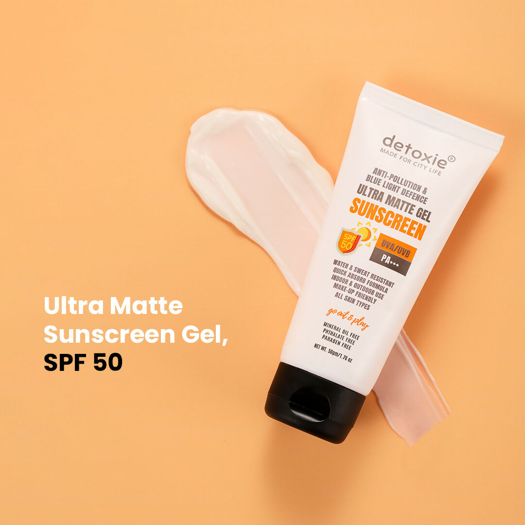 Detoxie Ultra Matte Sunscreen Gel Matte Finish Dry Tint Water & Sweat Resistant With Spf 50 Pa+++ | Grocsy