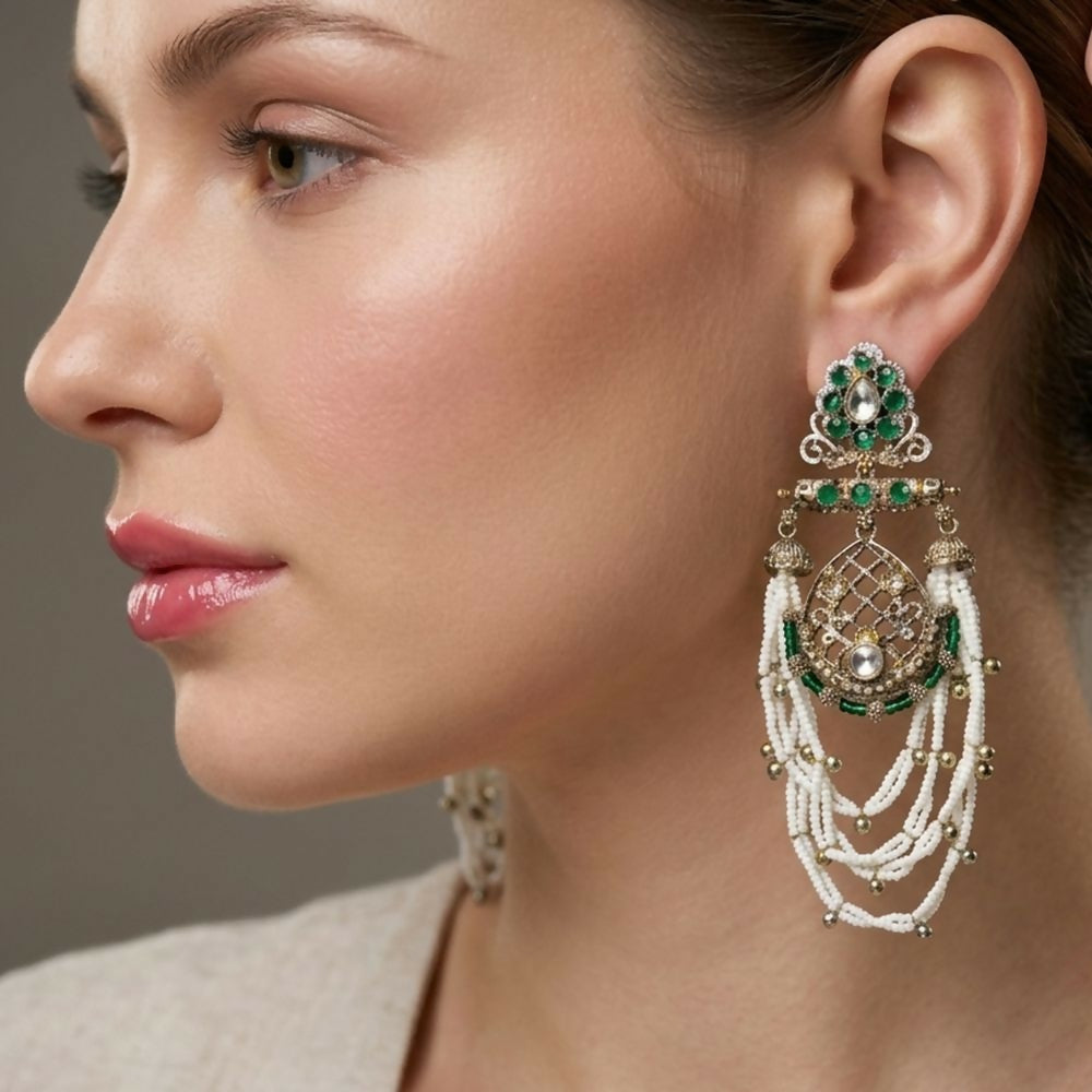 Jewel City Elegant Kundan & Green Emerald Pearl Drop Jhumka Earrings – Traditional Handcrafted Ethnic Jewelry | Grocsy
