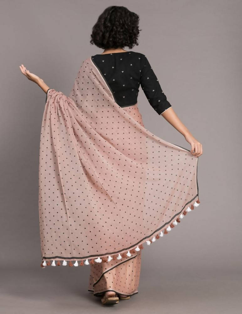 Suta Brown Black Polka Dots Printed Pure Cotton Saree | Grocsy
