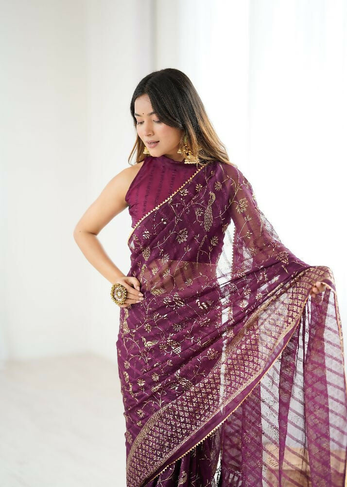 PR Fashion Wine Georgette Patta Plain With Foil Work And Small Lace And Zalar Lace Saree | Grocsy