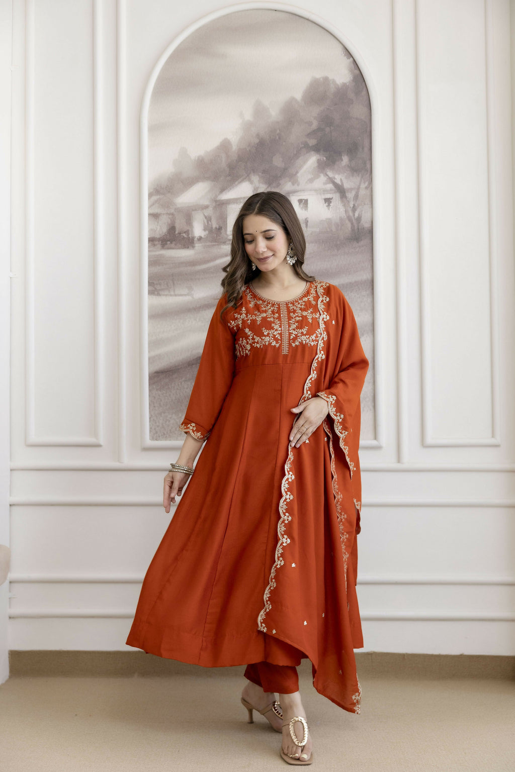The52 Orange Women's Beautiful Vichitra Silk Fabric Embroidered Work Flared Anarkali Pant and Dupatta Set | Grocsy