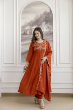 The52 Orange Women's Beautiful Vichitra Silk Fabric Embroidered Work Flared Anarkali Pant and Dupatta Set | Grocsy