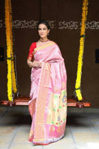 Very Much Indian Silk Handloom Maharani Paithani In Rich Pearl Pink With Silver Zari Brocade | Grocsy