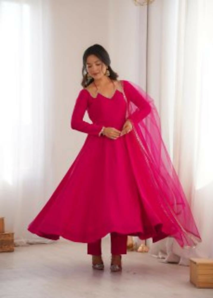 Lehenga Mart Designer Anarkali Suit With Kurta, Pant, Dupatta For Women-Dark Pink | Grocsy
