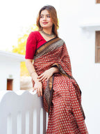Zibaa Hand-Blocked Pure Maheshwari Silk Red Saree - Small Motifs | Grocsy