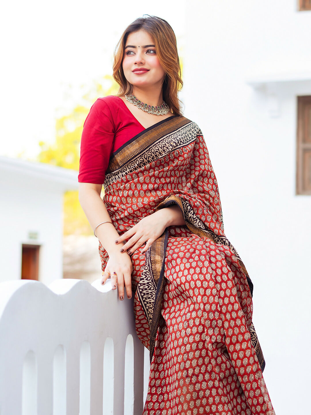 Zibaa Hand-Blocked Pure Maheshwari Silk Red Saree - Small Motifs | Grocsy