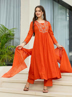 The52 Orange Women's Gorgeous Embroidered Chinon Fabric Flared Kurta Pant and Dupatta Set | Grocsy