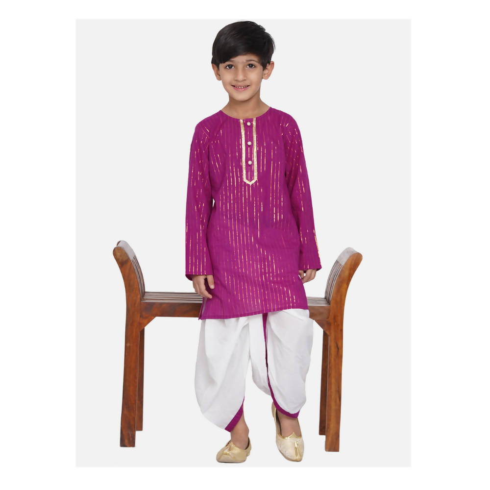 Little Bansi Boys Golden Striped Kurta and Dhoti - Purple and Cream | Grocsy