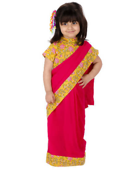 Little Bansi Girls Yellow and Magenta Red Saree with Floral Blouse | Grocsy