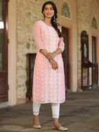 Juniper Women's Pink Georgette Printed Kurta | Grocsy