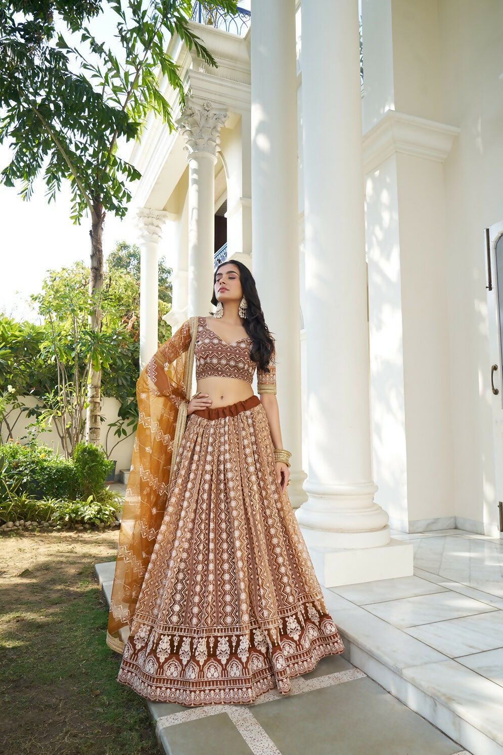 Eilara Glamorous Brown Butterfly Net With Thread And Sequence Embroidered Work Fancy Lace Lehenga Choli For Wedding | Grocsy