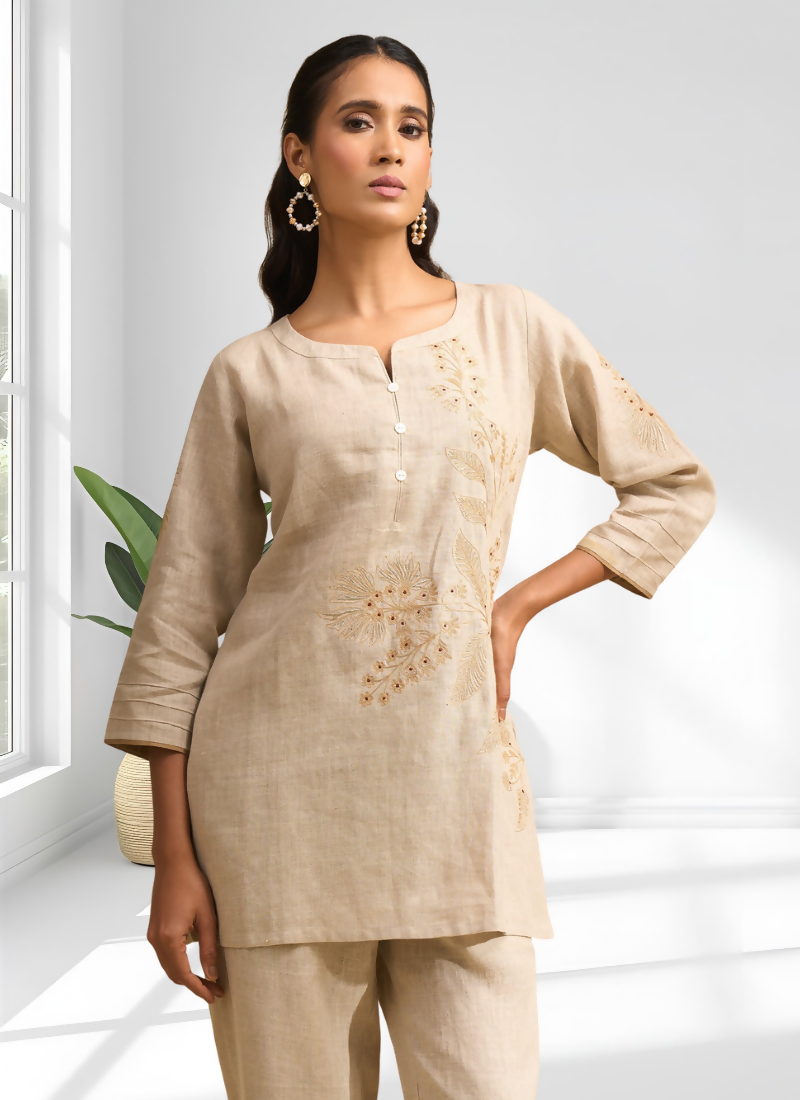 Joban Fashion Beige Linen Embroidered Readymade Cord Set | Grocsy