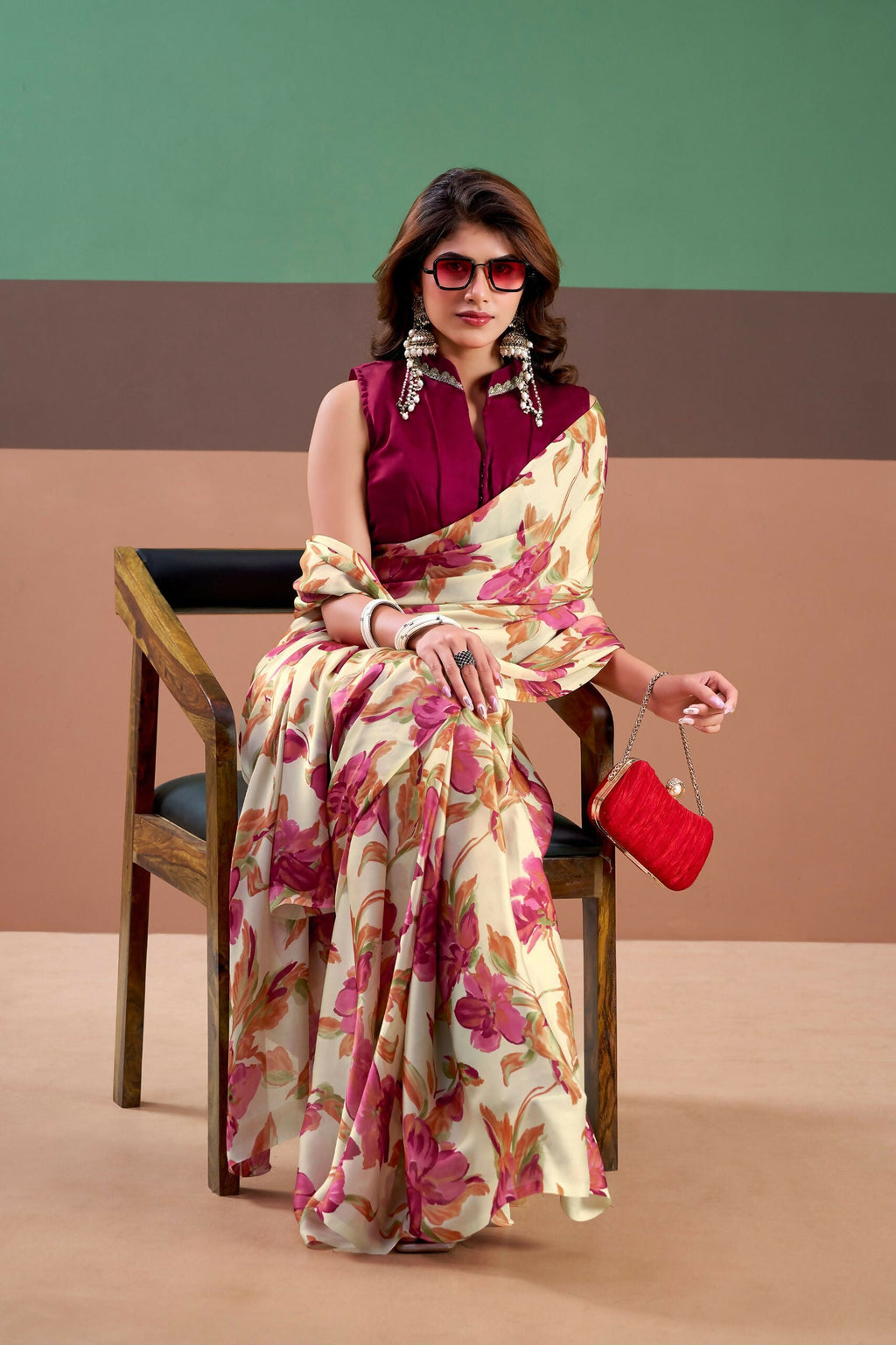 Vastranavya Pink Satin Silk Floral Printed Saree with Stitched Blouse | Grocsy