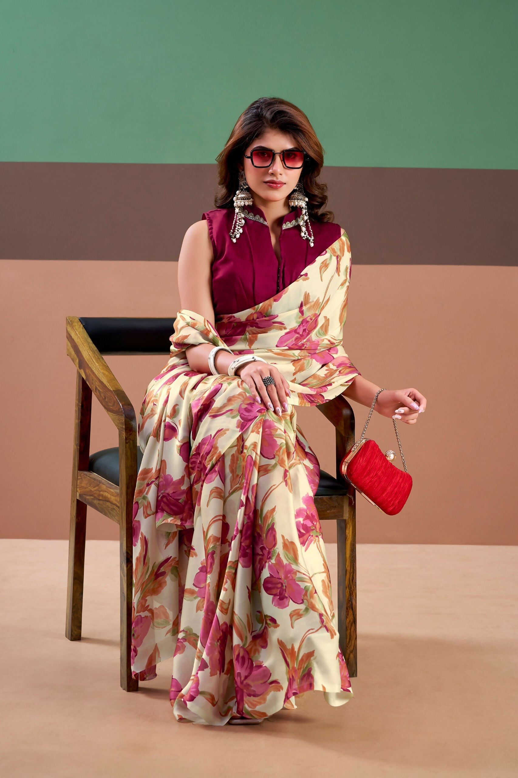 Vastranavya Pink Satin Silk Floral Printed Saree with Stitched Blouse | Grocsy