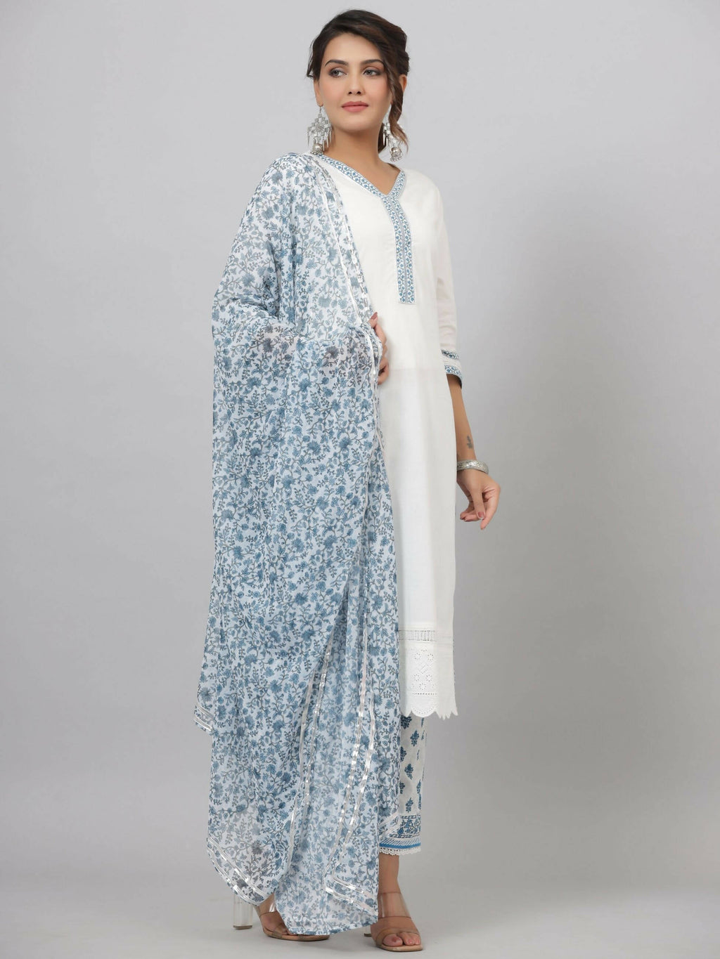 Juniper Women's White Cotton Cambric Solid Kurta Floral Printed Pant & Dupatta Set | Grocsy