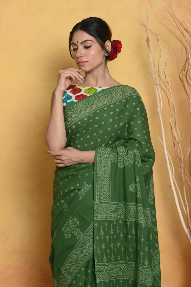 Very Much Indian Handblock Printed Cotton Saree With Natural Dyes - Green | Grocsy