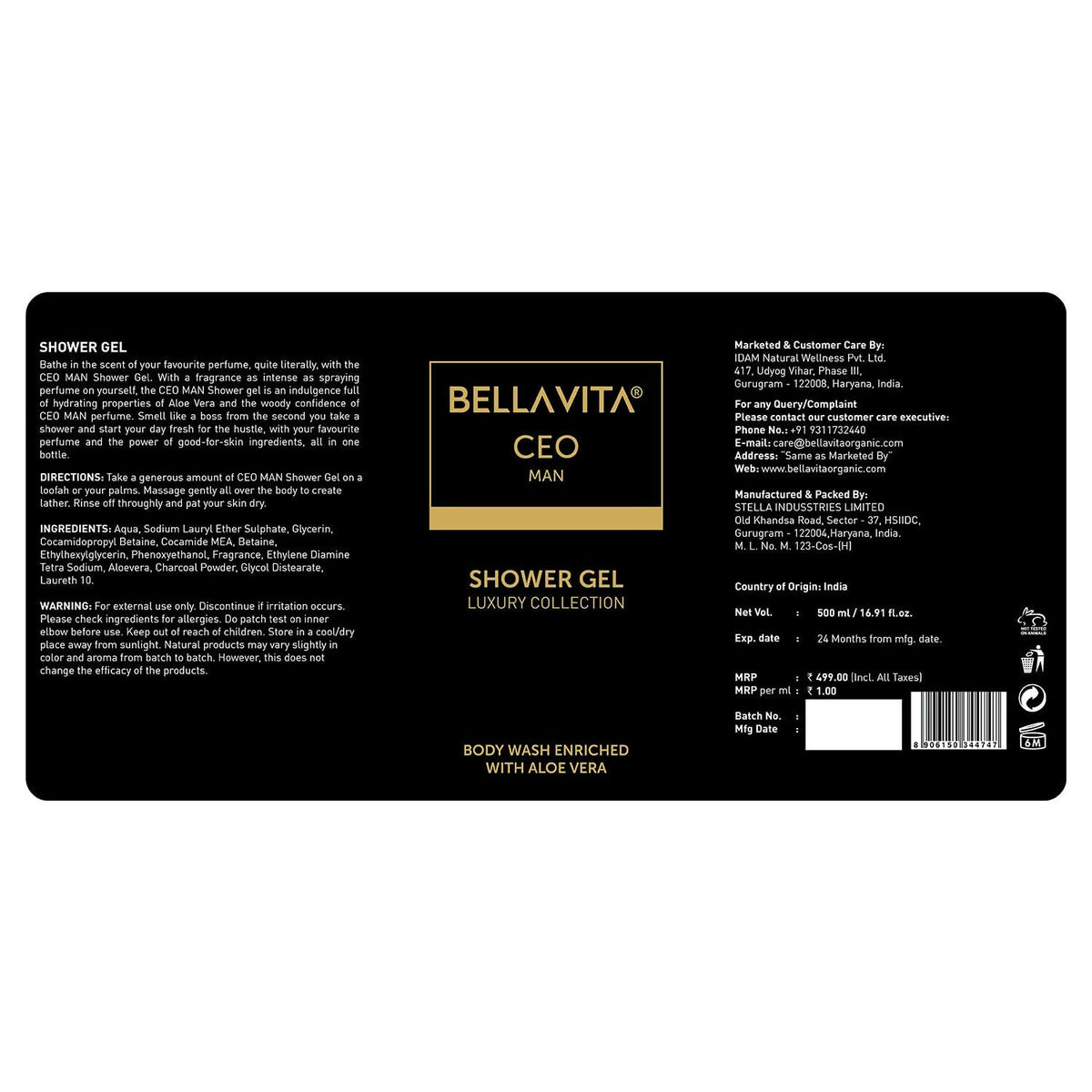 Bella Vita Luxury CEO MAN Shower Gel For Deep Cleansing, Hydrating & Moisturising Skin with Aloe Vera & Charcoal Powder | Grocsy