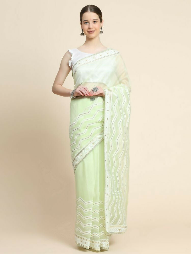 Vamsee Banno Lehriya Pista Green Organza Saree | Grocsy