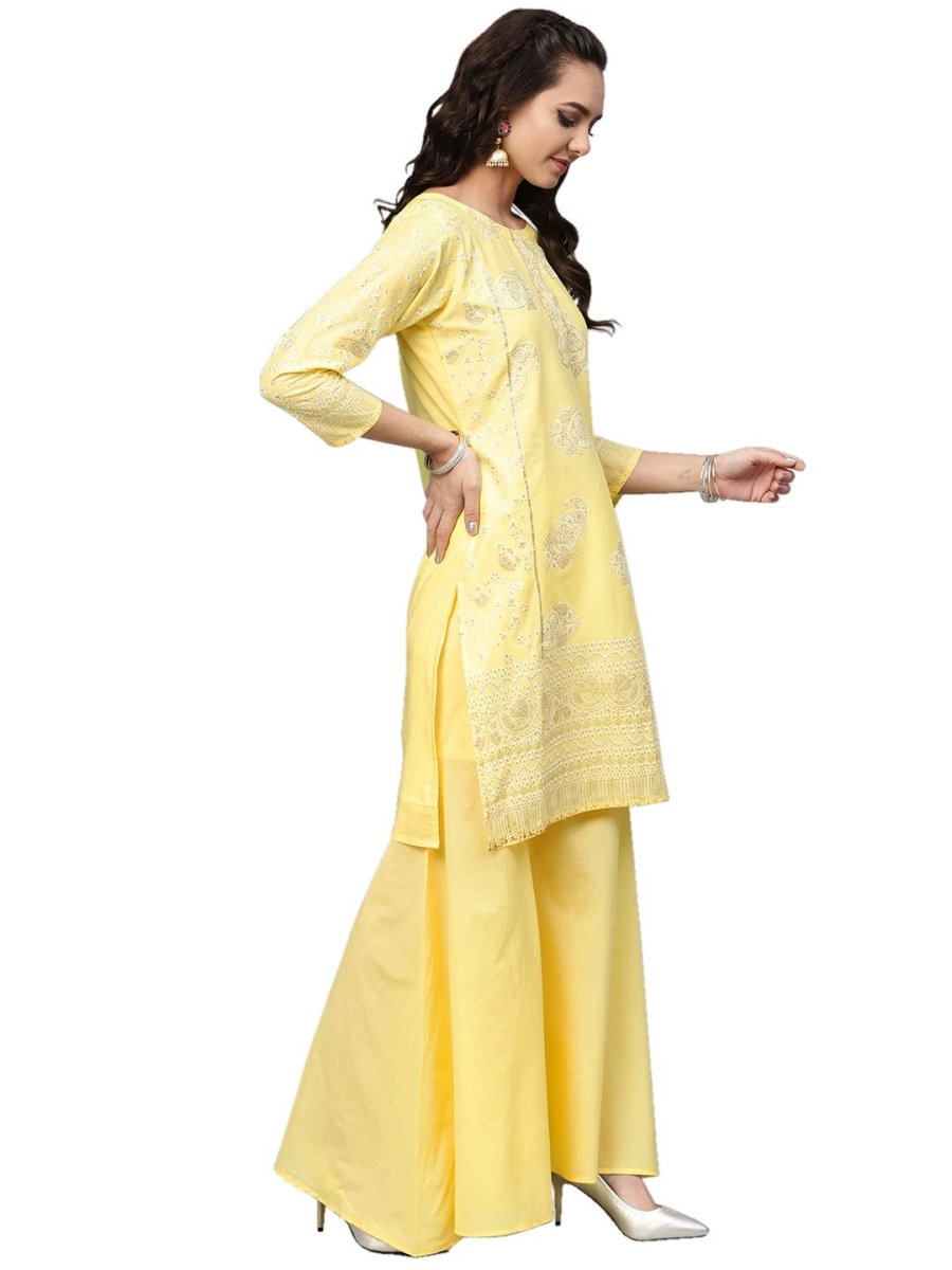 Ahalyaa Women's Cotton Blend Yellow Glitter Print Kurta Sharara Set With Dupatta | Grocsy