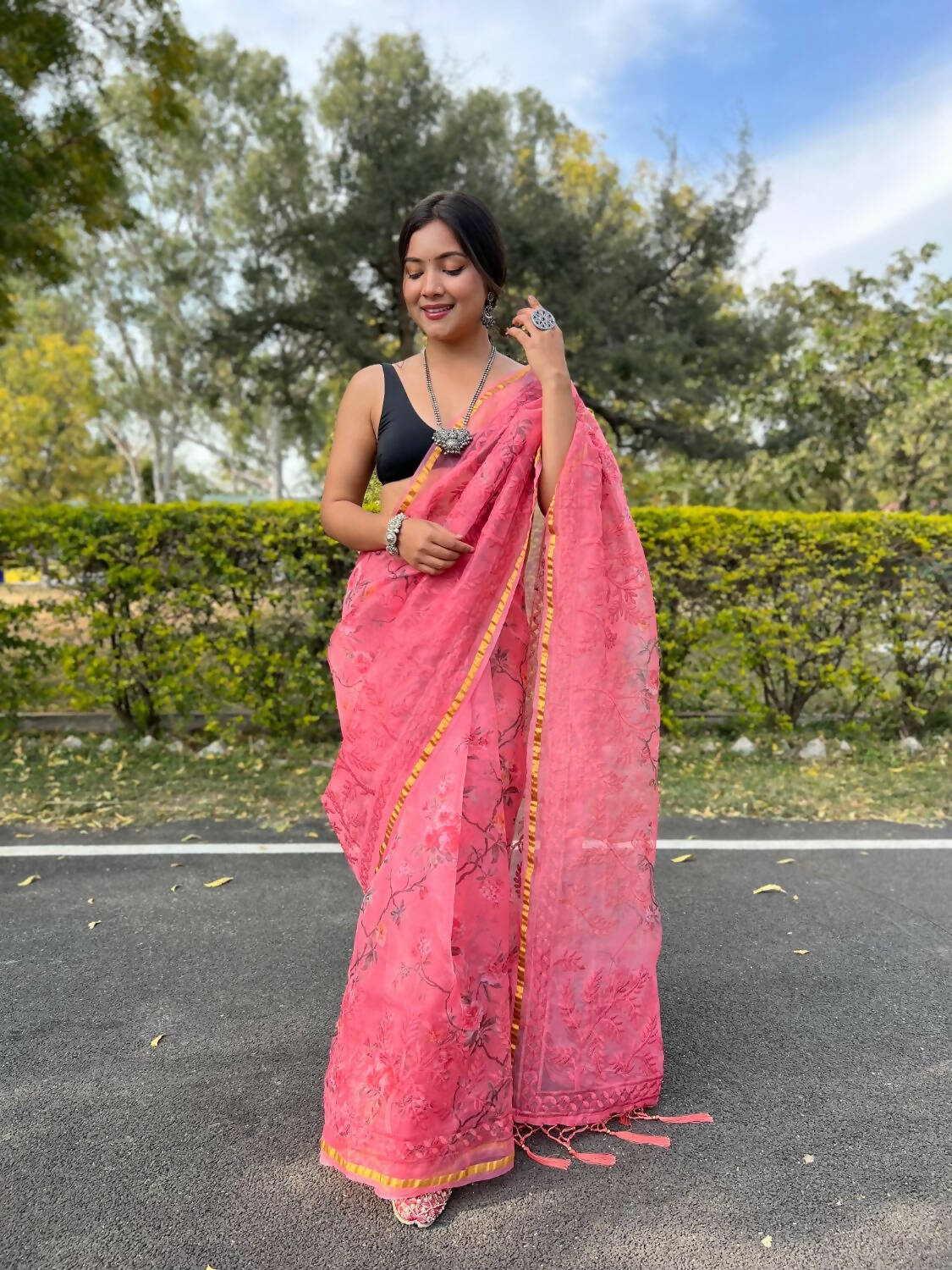 Vamsee Pink Organza Saree | Grocsy