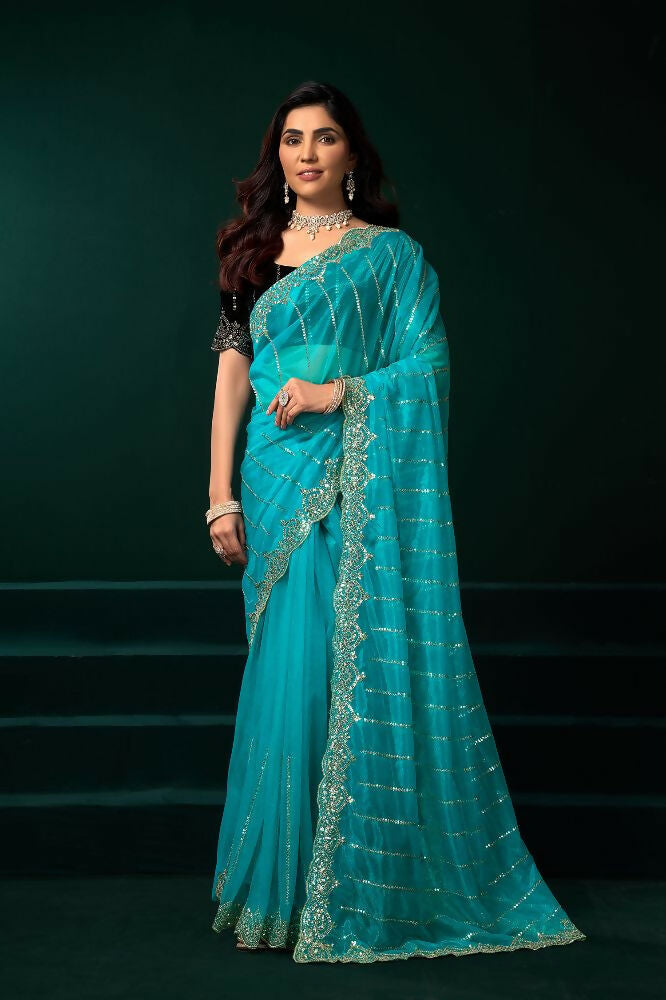 Joban Fashion Turquoise Blue Net Party Wear Sarees | Grocsy