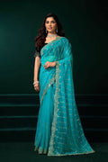 Joban Fashion Turquoise Blue Net Party Wear Sarees | Grocsy