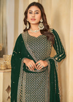 Mesmeric Green Faux Georgette Palazzo Suit with Embroidery - Emponline | Grocsy