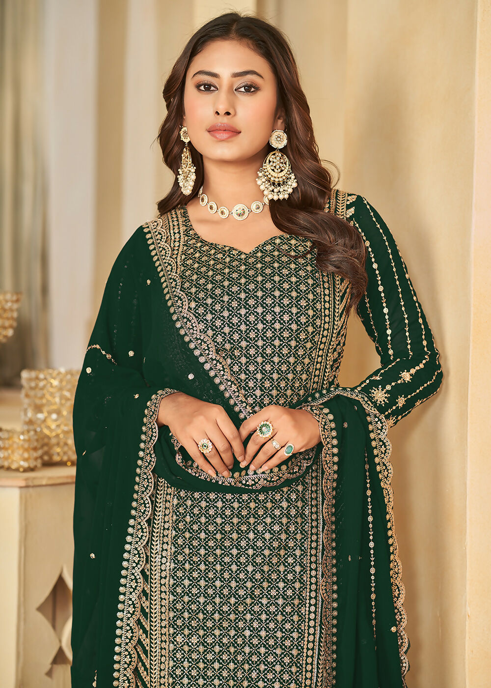 Mesmeric Green Faux Georgette Palazzo Suit with Embroidery - Emponline | Grocsy