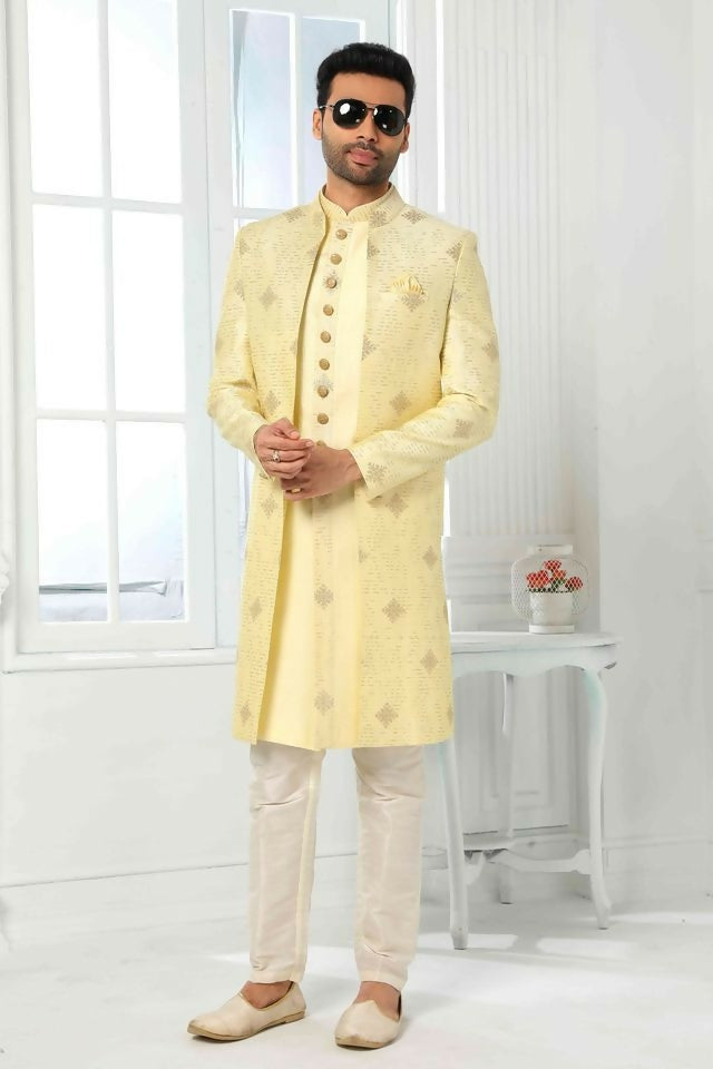 Raivat Ethnic Art Silk Embroidery Work 3 Pcs Indo Jacket Set In Yellow Colour | Grocsy