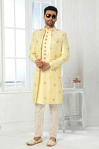 Raivat Ethnic Art Silk Embroidery Work 3 Pcs Indo Jacket Set In Yellow Colour | Grocsy