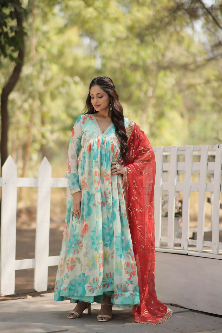 Vastranavya Digital Printed Russian silk & Stitch Canvas Patta Gown with Dupatta - Sky Blue | Grocsy