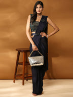 Navy Blue Imported Fabric Plain Ready to wear Saree with stitched Blouse - Vrinda | Grocsy