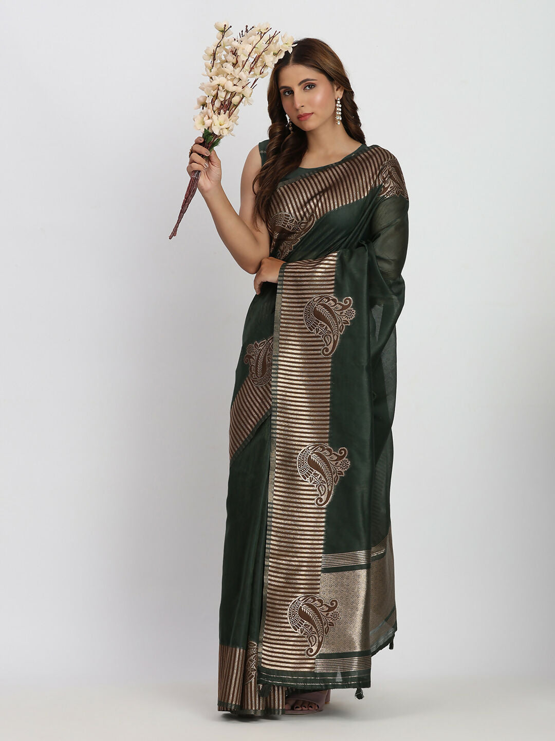 Shree Shyam Fashion Linen Cotton Dark Green Saree | Grocsy