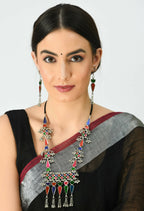 Mominos Fashion Johar Kamal Oxidised Silver-Plated Meenakari Multi Long Necklace Set For Women