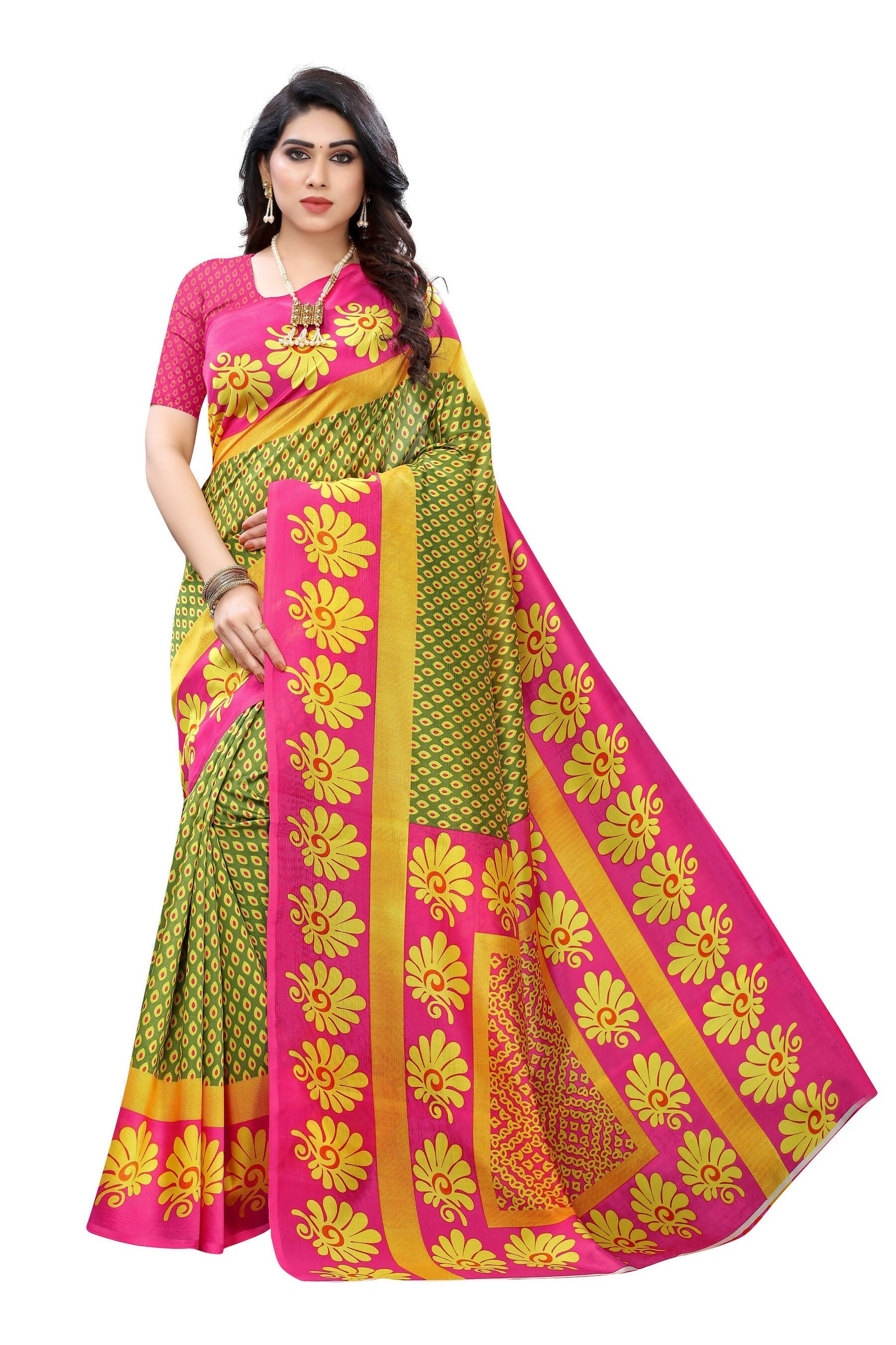 Vamika pink & green Printed Art Silk Saree | Grocsy