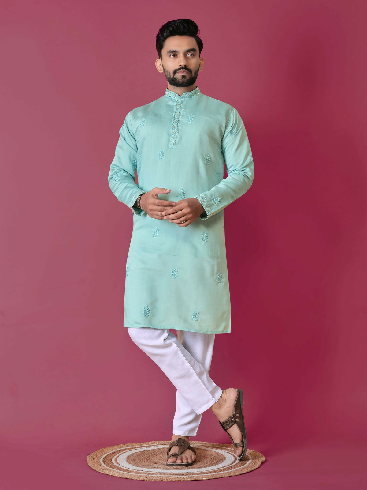 Men's Sky Blue Silk Handwork Men's Kurta Pajama by Infinity Export | Grocsy