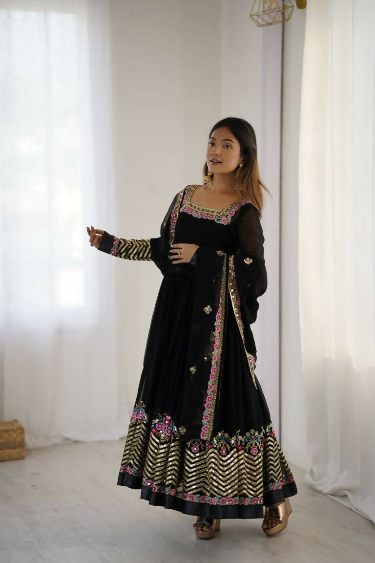 Teeya Creation Black Color Heavy Georgette Wedding Wear Embroidery Work Long Gown | Grocsy