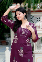 Miravan Women's Cotton Fabric Purple Kurta With Palazzo | Grocsy