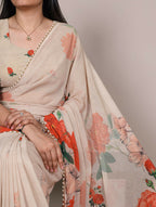 Vastranavya Off White Weightless Marble and Floral Printed Georgette Saree with Unstitched Blouse | Grocsy