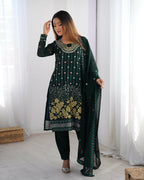 Joban Fashion Dark Green Kurta set with Pant Georgette Thread with Sequins work | Grocsy