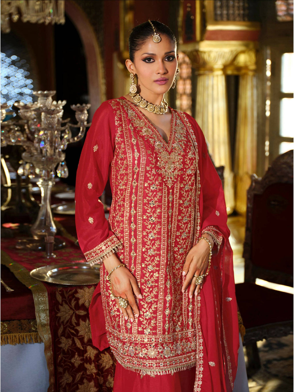 Anaita Red Heavy Chinon Readymade Palazzo Suit with Heavy Embroidery Work | Grocsy
