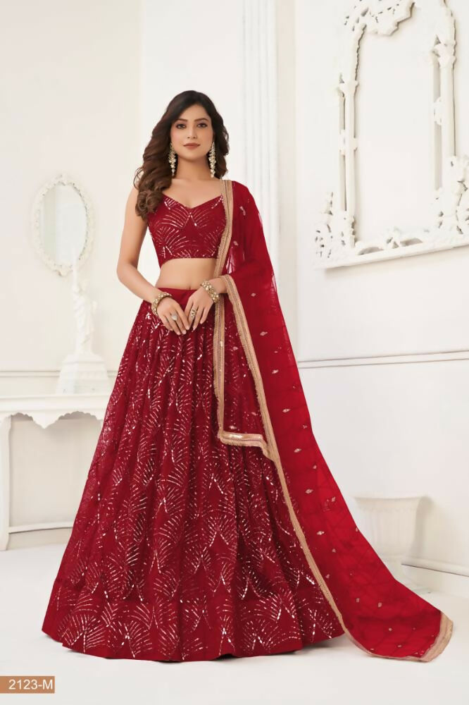 Aastha Fashion Maroon Butterfly Net Tone To Tone Thread Work, Sequence Work And Original Mirror Work Embroidery Wedding Wear Lehenga Choli | Grocsy