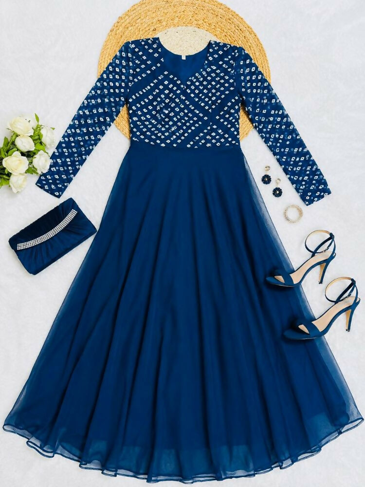 Teeya Creation Women's Teal Bandhani Print Anarkali Gown | Grocsy