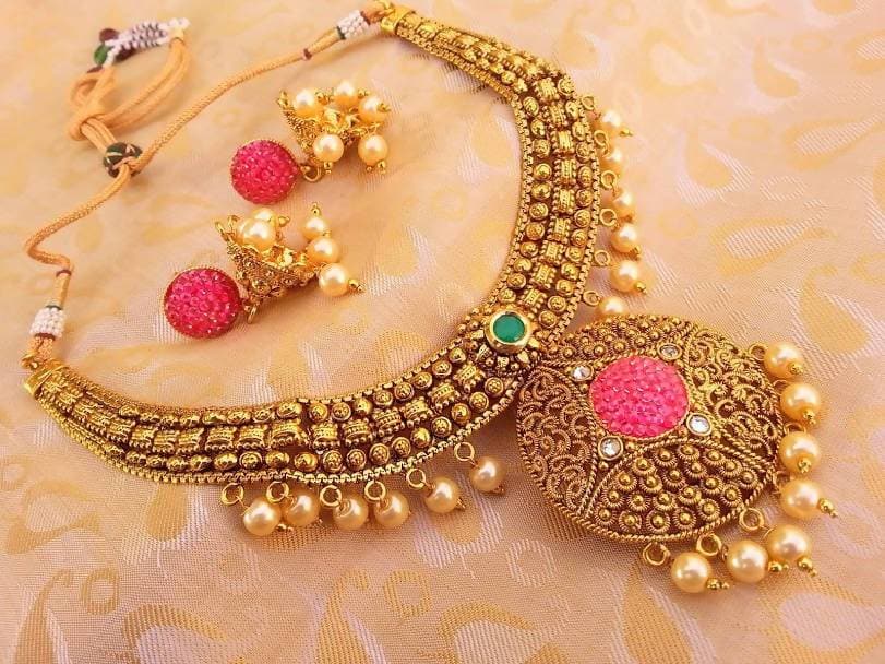 Multicolor Antique Necklace Set with Pearl Drops | Grocsy