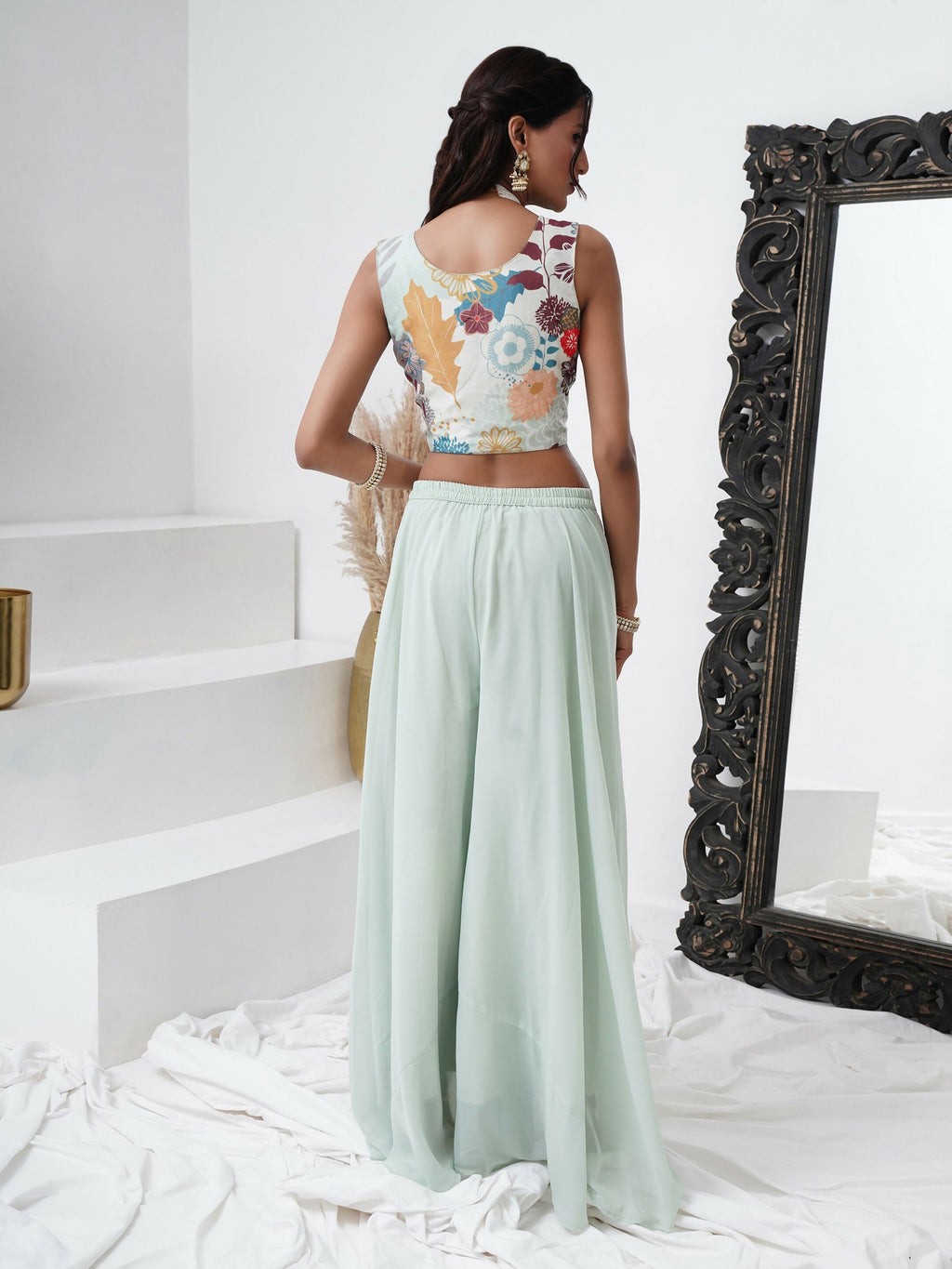 Sea Green Digital Chinon Handwork Top with Palazzo & Shrug - Naomika | Grocsy